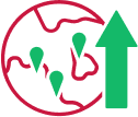 Globe icon image with green upwards arrow. 
