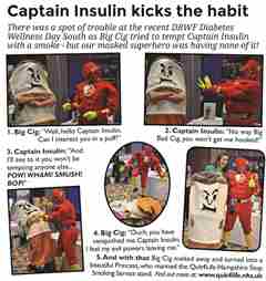 Captain Insulin fighting smoking poster.