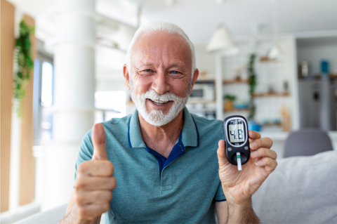 Elderly Man With Blood Glucose Monitor Normal