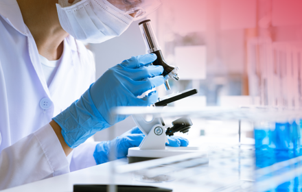 Medical Researcher Microscope Banner RED TR